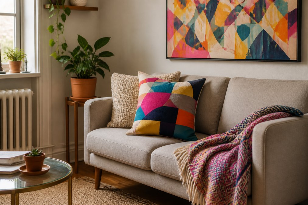 Small apartment corner with vibrant accent pillow on neutral sofa, patterned throw blanket draped over armrest, and colorful abstract wall art creating layered visual interest in compact living space