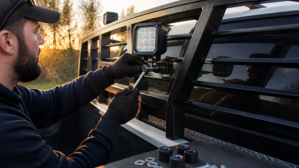 A technician in work gloves mounting an LED work light onto a truck's headache rack, tightening a bracket bolt with a socket wrench, anti-vibration bushings and loose hardware resting on the tailgate in late afternoon light