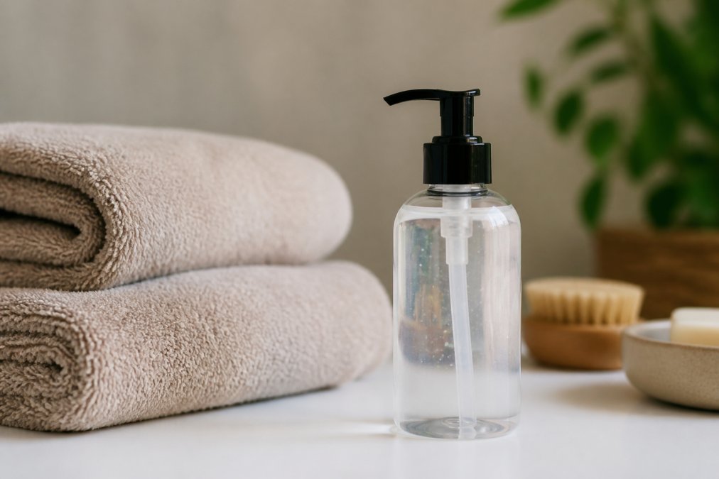 Close-up van een fles glijmiddel op waterbasis op een schoon wit oppervlak met handdoeken ernaast, voorbereiding voor gebruik