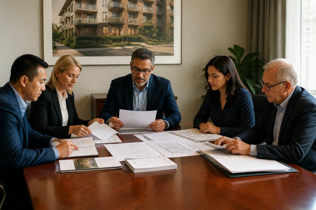 Professional committee members seated around a polished wooden meeting table, reviewing building documents and compliance checklists under soft office lighting, with architectural plans visible