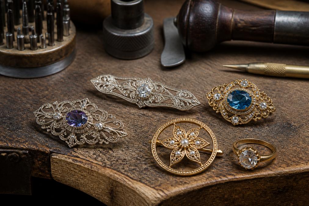Close-up of antique jewellery pieces displayed on a jeweller's workbench, showing intricate metalwork with filigree details, millegrain beading, and gemstone settings under warm natural light