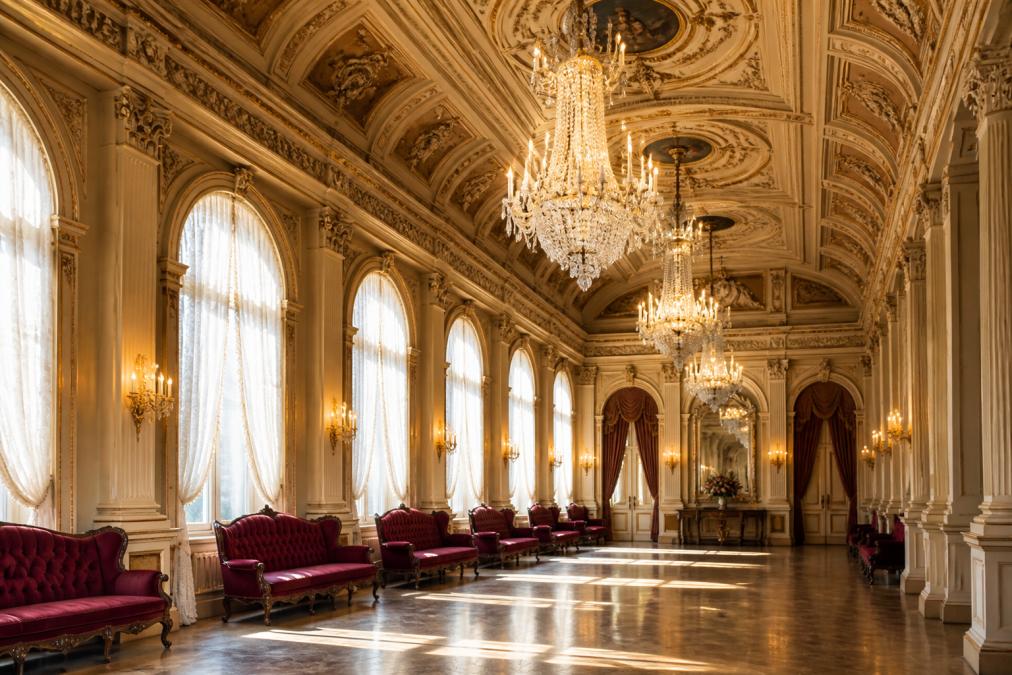 Grand Victorian ballroom with ornate ceiling details, crystal chandeliers, burgundy velvet seating, and tall arched windows with natural light streaming through lace curtains