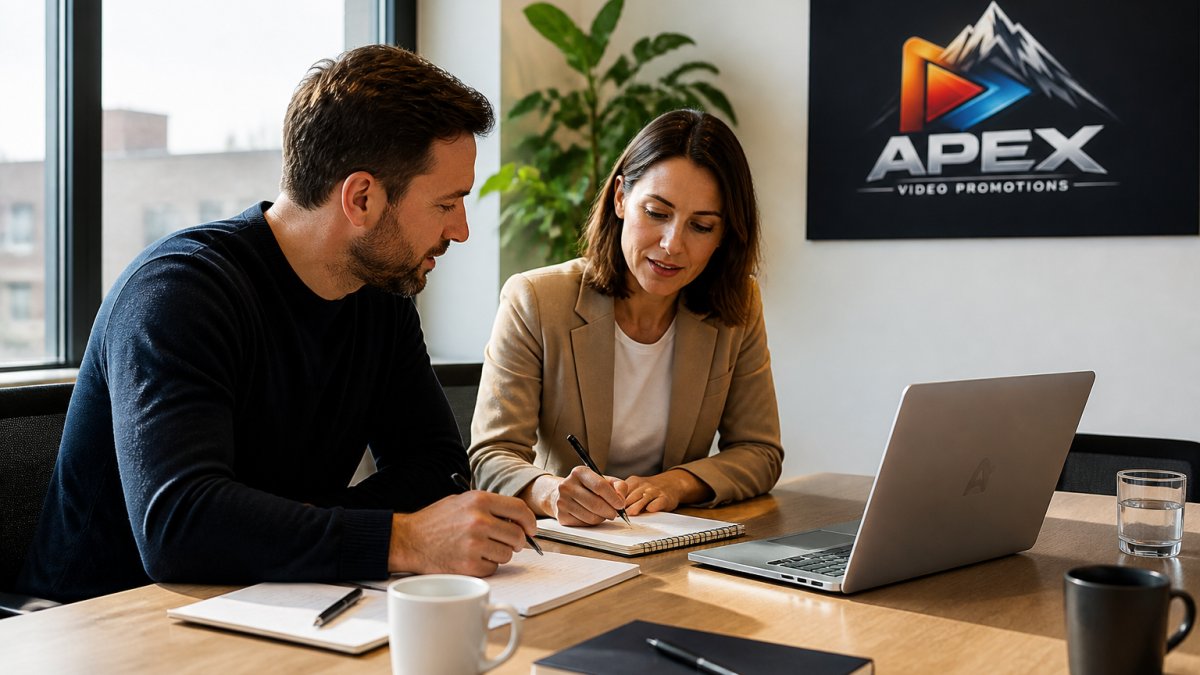 Business owner and marketing manager reviewing video concepts on a laptop screen during a meeting in a bright modern office, taking notes on a creative brief