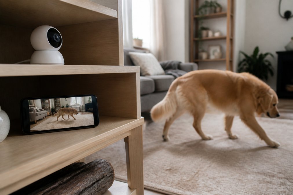 Diagram showing how video monitoring tracks a dog pacing while owners view the live feed on a smartphone.