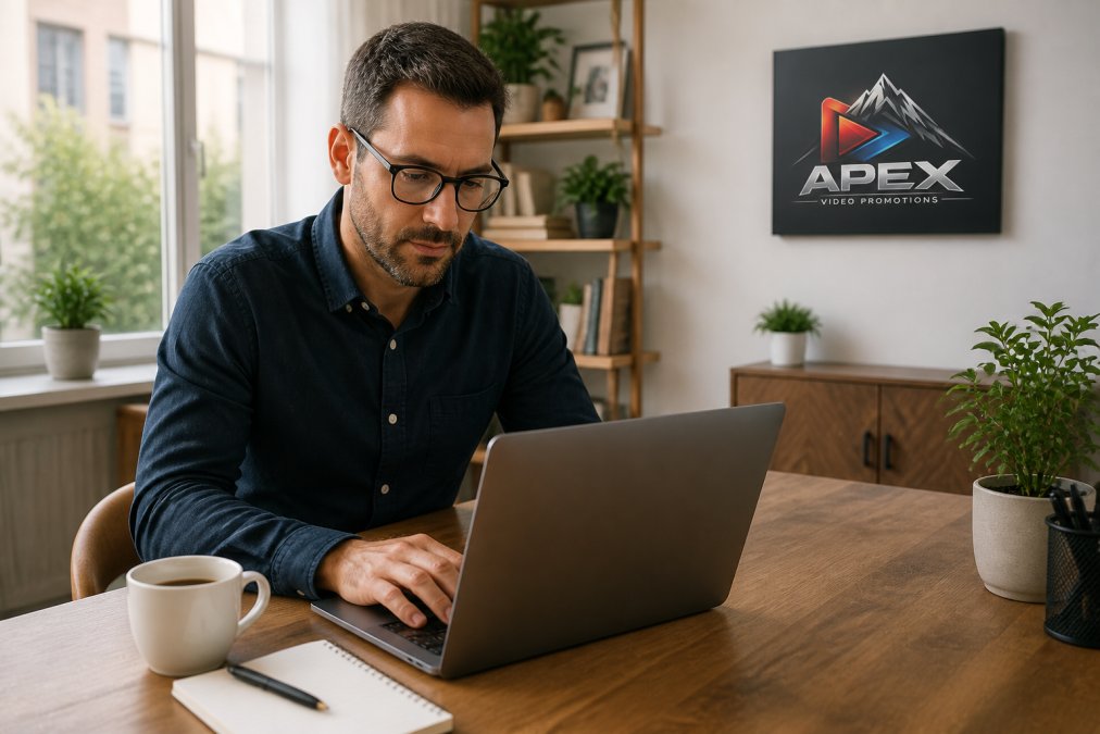 A small business owner reviewing a promotional video on a laptop in a bright home office, with a coffee cup and notebook nearby