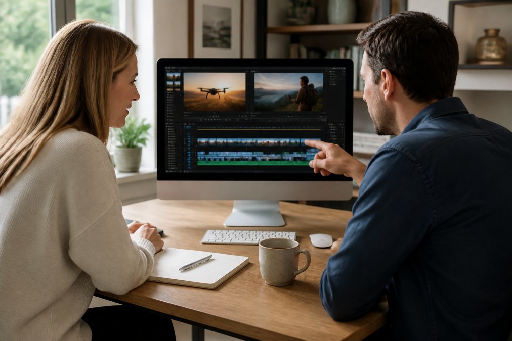 A small business owner and a video editor reviewing a video timeline on a desktop monitor in a bright home office, notepad and coffee on the desk