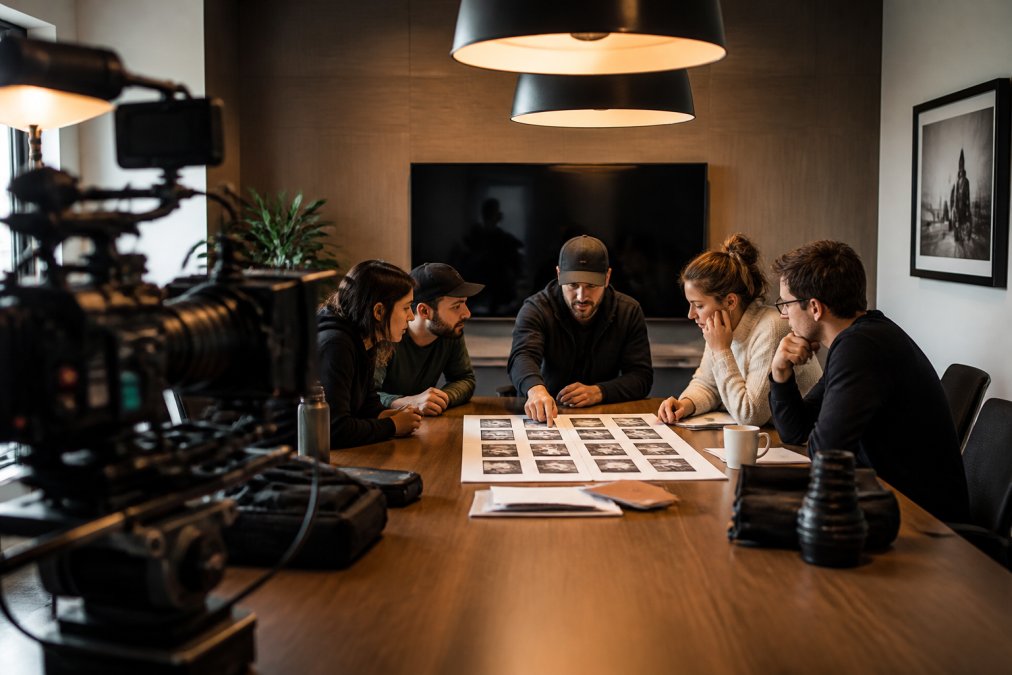 Video production team reviewing a storyboard for a mid-market business project in a modern conference room.