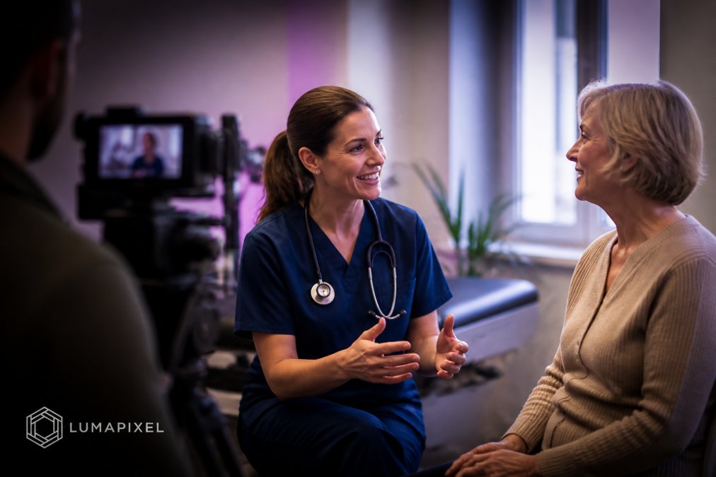 Healthcare professional and patient having a genuine, warm conversation during a video interview in a bright clinical setting with natural lighting