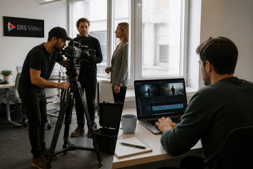 A professional film crew setting up a camera on a tripod in a bright modern office on one side, while a person sits at a desk editing video on a laptop with AI software on the other