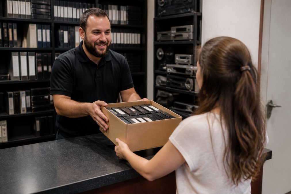 Customer handing over a box of VHS tapes to a technician at a media digitisation service counter, with professional equipment and storage shelves visible in the background