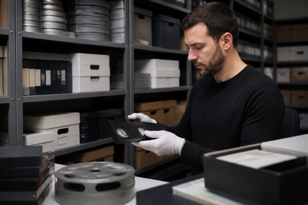 Close-up of a technician carefully handling vintage VHS tapes and film reels with white gloves in a climate-controlled storage facility with organised shelving and archival storage boxes