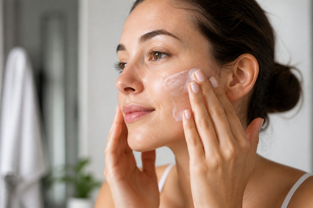 Close-up of a woman's hands applying a rich moisturizer to her face, with visible skin texture and a calm, healthy complexion in natural light