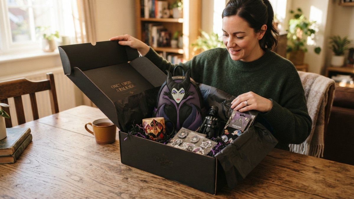 Adult carefully opening a beautifully packaged fandom gift box on a wooden table, revealing a Loungefly bag, villain-themed mug, collectible figure, and accessories arranged with tissue paper and seasonal decorations, warm afternoon lighting