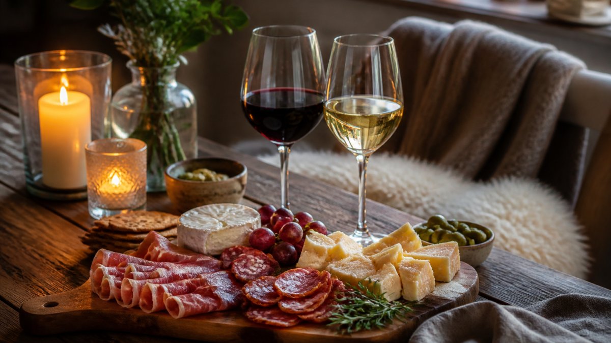 En vackert upplagd charkbricka med salami, prosciutto, hårdost och färskost, tillsammans med ett glas rött vin och ett glas vitt vin, i en hemtrevlig svensk miljö med levande ljus