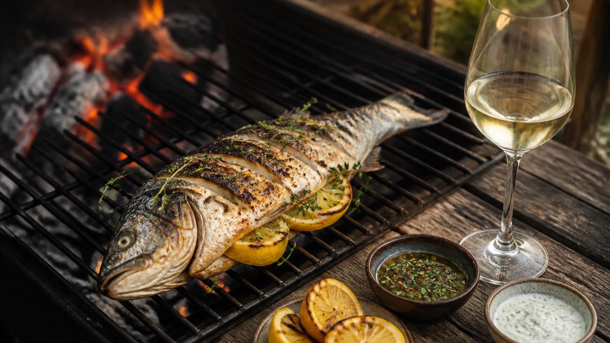 Närbild på en hel grillad fisk med citronklyftor och färska örter på ett grillgaller, glödande kol i bakgrunden och ett glas vitt vin bredvid på ett träbord