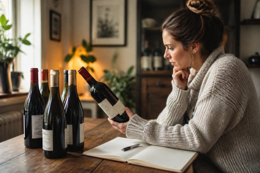 Person som noggrant läser etiketter på flaskor med vin utan tillsatser vid ett bord med anteckningsblock