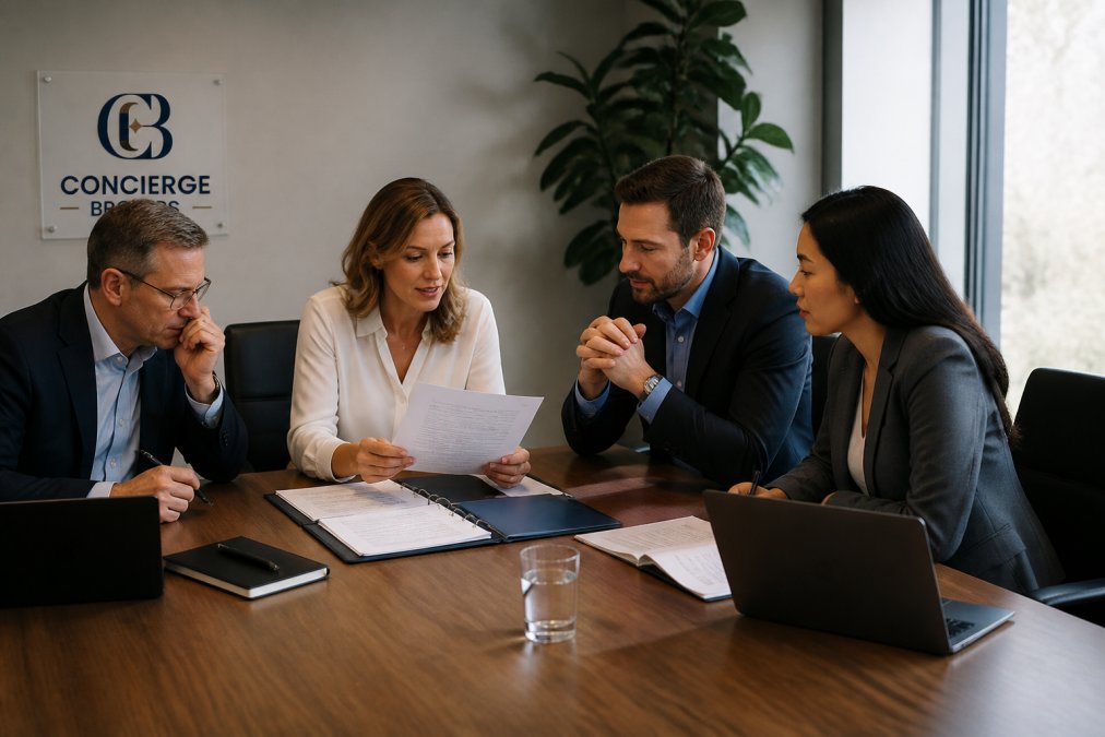 Professional team of consultants and business leaders reviewing website analytics and remediation documentation together at a conference table with laptops and reports