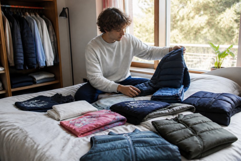 Persoon systematisch kledingstukken sorteert en onderzoekt op een bed met natuurlijk daglicht door een raam, garderobe-items zorgvuldig organiserend