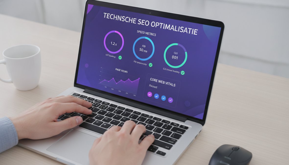 Close-up van een persoon die typt op een laptop met een website performance dashboard zichtbaar op het scherm, met laadtijdmetingen en Core Web Vitals scores, op een opgeruimd modern bureau met zachte kantoorverlichting