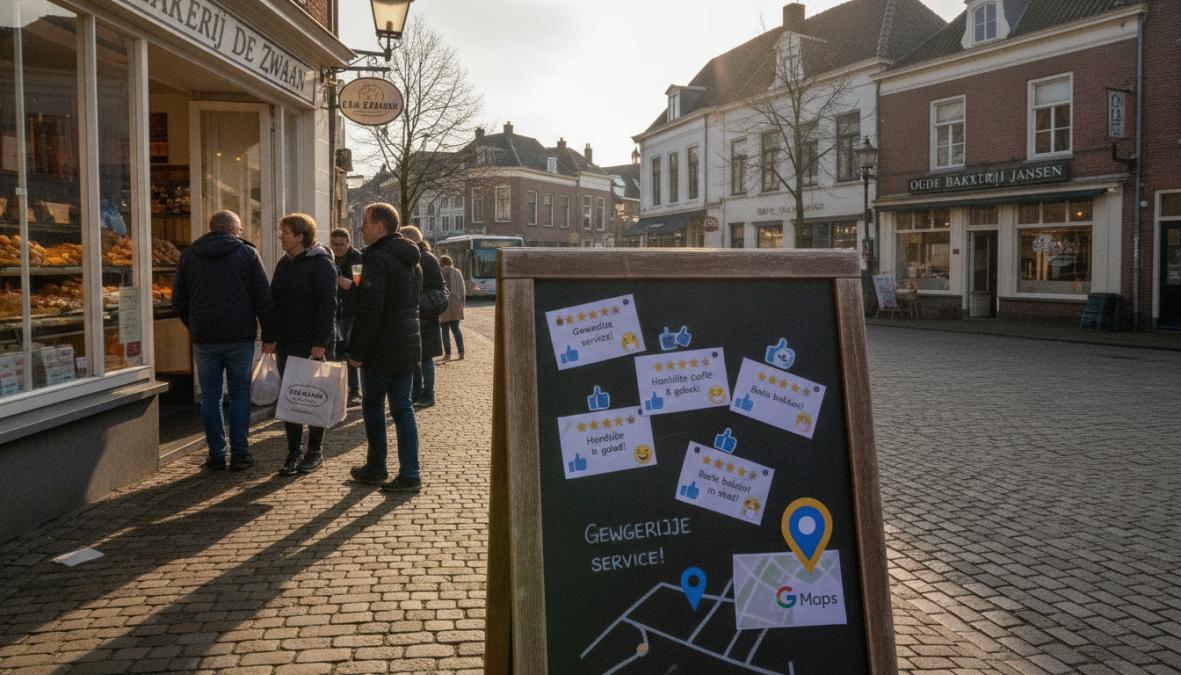 Ondernemer die naar een smartphone kijkt met een Google Maps bedrijfsprofiel zichtbaar op het scherm, inclusief positieve recensies en sterrenbeoordelingen, zittend aan een bureau in een klein professioneel kantoor met warm licht