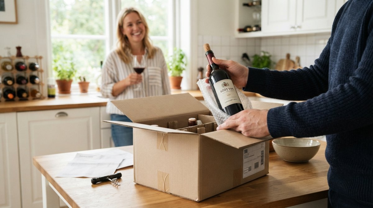Händer packar upp en röd vinflaska från en beige leveranslåda hemma vid ett ljust köksbord, med en leende person i bakgrunden som håller ett vinglas