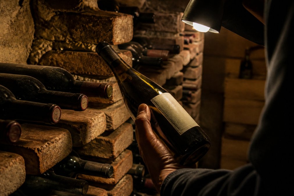 Une main examinant l'étiquette d'un vin sans sulfites dans une cave fraîche et sombre