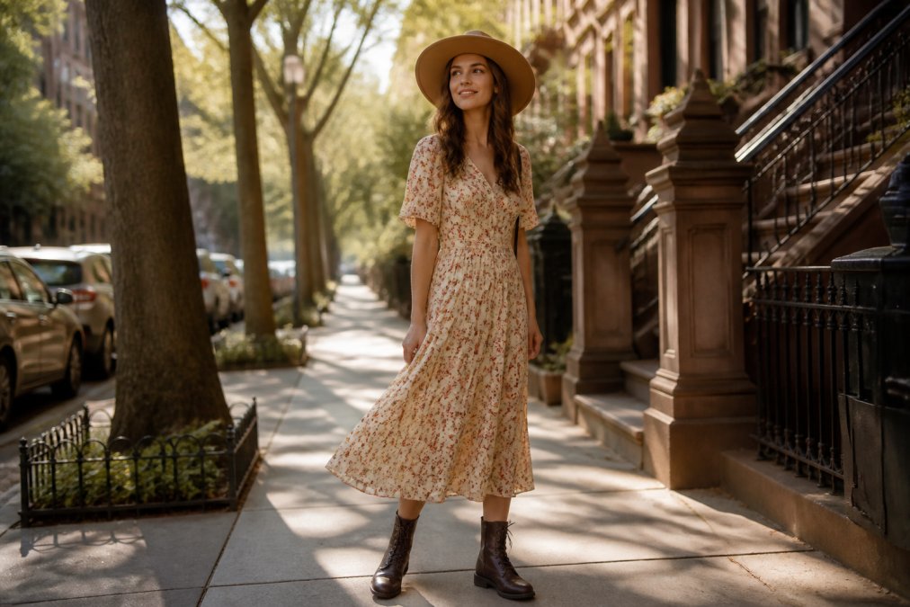 A young woman wearing a flowy floral midi dress with lace-up boots and a wide-brim hat, standing on a sunlit city sidewalk, warm afternoon light casting soft shadows, her expression relaxed and confident