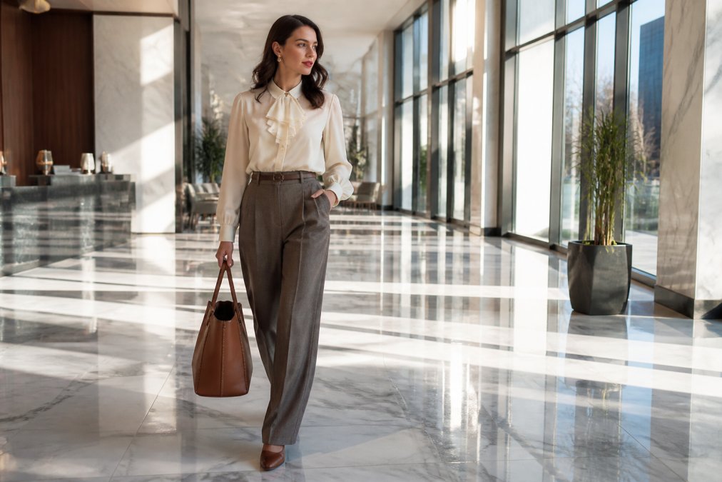 A woman in tailored high-waist trousers and a vintage-inspired blouse with a jabot collar, carrying a structured tote bag, walking through a bright modern office lobby with marble floors and natural light