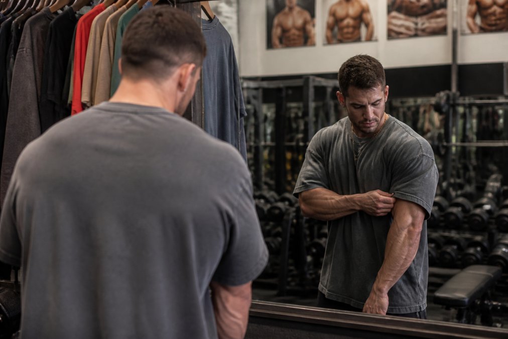 A muscular athlete wearing an oversized vintage-washed gym tee, adjusting the sleeve in a gym mirror, with a rack of retro-inspired apparel visible behind them
