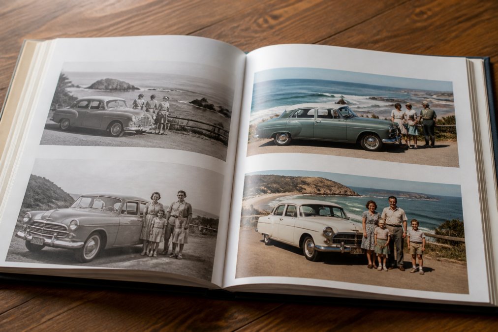 Open pages of vintage car book displaying black-and-white and colour photographs of 1940s-1960s Australian families standing beside their cars on coastal roads, with period clothing and roadside scenery visible