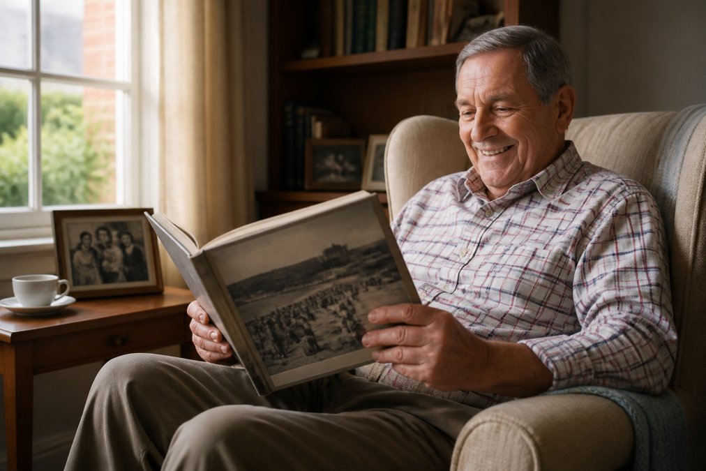Older adult sitting in a comfortable armchair, holding an open vintage Australian photo book, smiling while looking at the pages with warm natural light from a nearby window