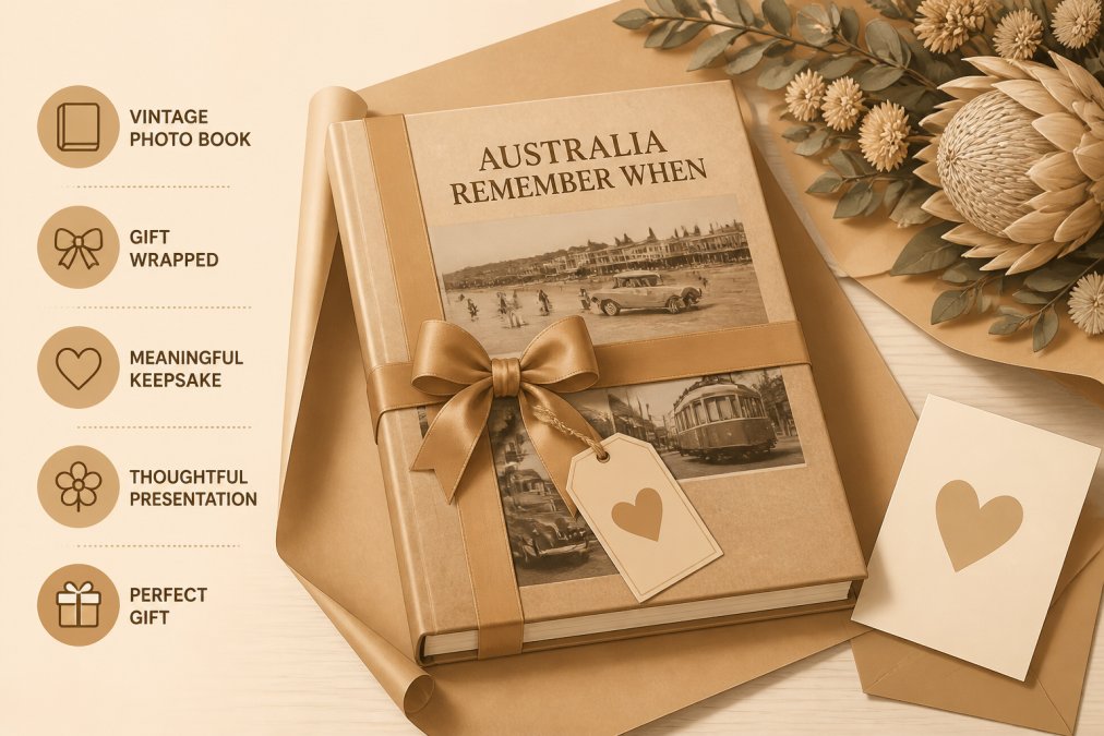 A wrapped vintage Australian photo book gift on a table with flowers and greeting card, showing the care and presentation of a meaningful keepsake gift