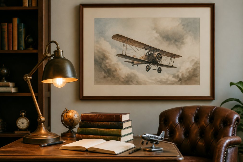 A well-styled home office desk with a framed vintage biplane watercolor print hanging on the wall behind it, warm amber lamp light, leather chair and stacked hardcover books visible in the foreground