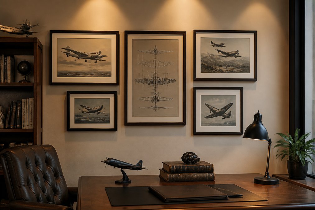 A gallery wall arrangement in a home office featuring five framed vintage aviation prints in varying sizes, dark wood and black metal frames, neutral linen-colored wall, warm overhead lighting casting soft shadows