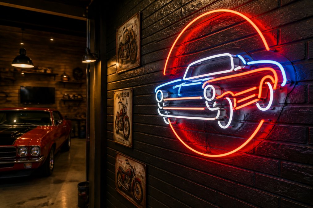 Professional illustration showing dimly and lit and man concepts for garage wall art