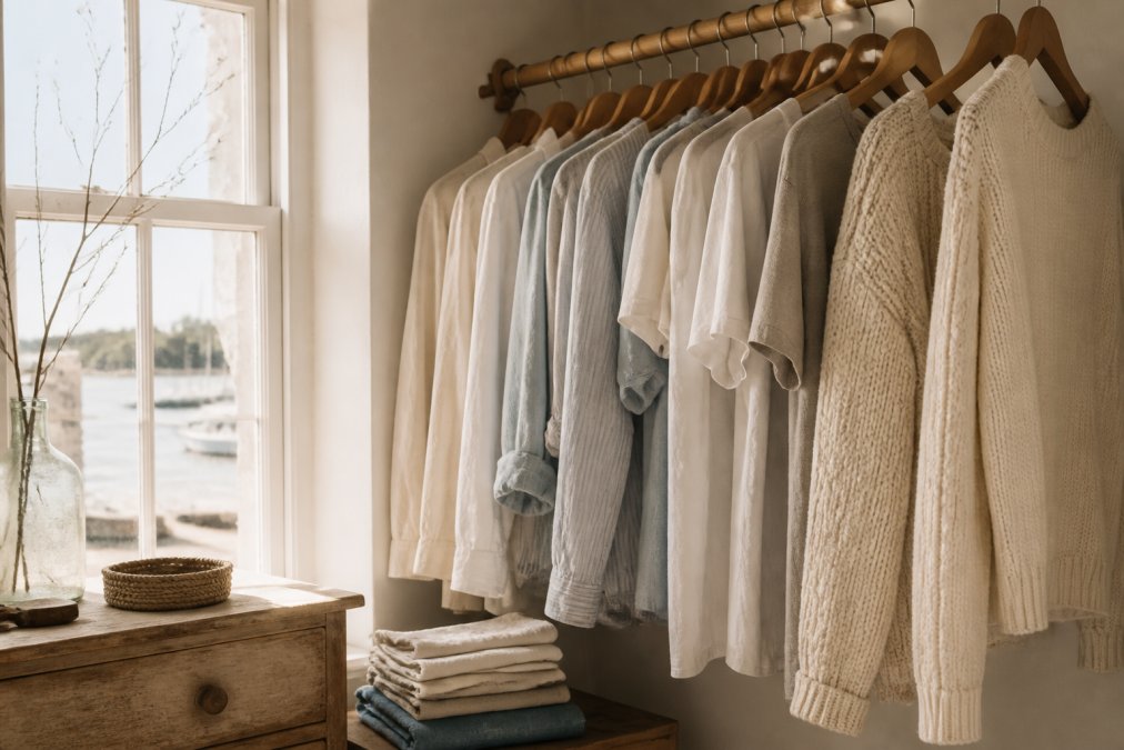 Neatly organized vintage coastal capsule wardrobe with linen shirts and a cream knit sweater in a sunlit room.