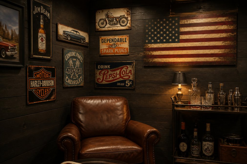 A warmly lit man cave den with a leather armchair, dark timber walls, and a collection of vintage tin signs and metal wall hangings featuring retro automotive and Americana designs, with a small bar cart in the corner