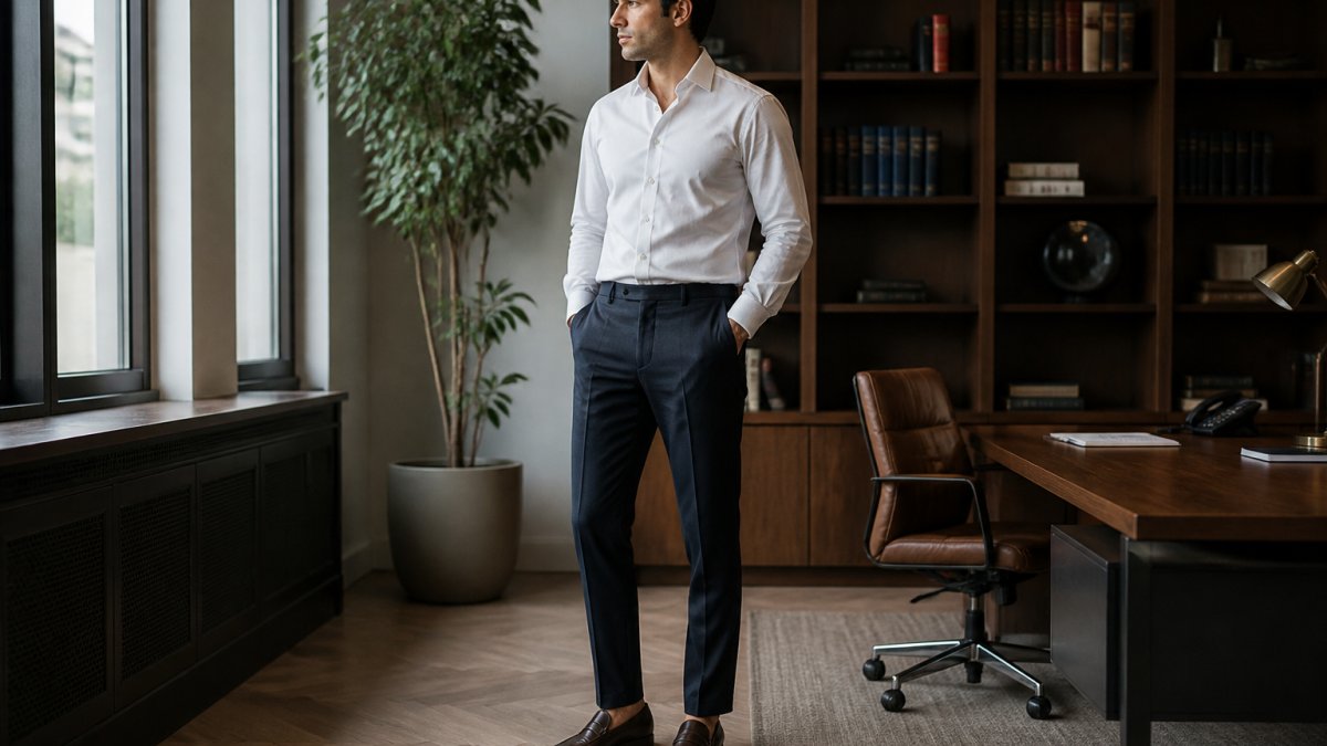 Professional man wearing tailored navy trousers, crisp white dress shirt, and polished vintage-style loafers standing confidently in modern office with natural window lighting