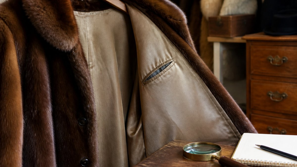 Hands examining the interior label and silk lining of a vintage fur coat with a magnifying glass and notebook.