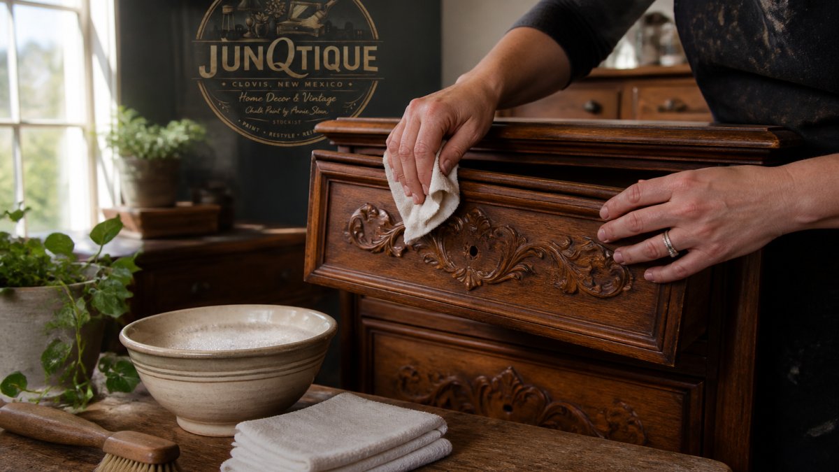 Close-up of hands wiping down a carved wooden dresser drawer with a soft cloth and a bowl of soapy water on a workbench, natural window light