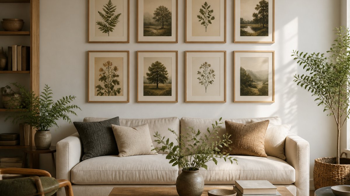 Modern living room with minimalist furniture and gallery wall featuring vintage botanical and landscape prints in matching natural wood frames, arranged in grid pattern on soft white wall with warm afternoon light