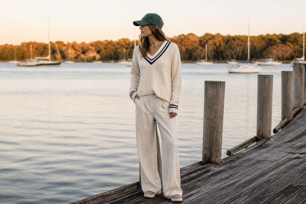 A young adult wearing a relaxed cream sweater with navy trim, wide-leg linen trousers, and a distressed dad hat, standing on a weathered wooden dock by calm water at golden hour