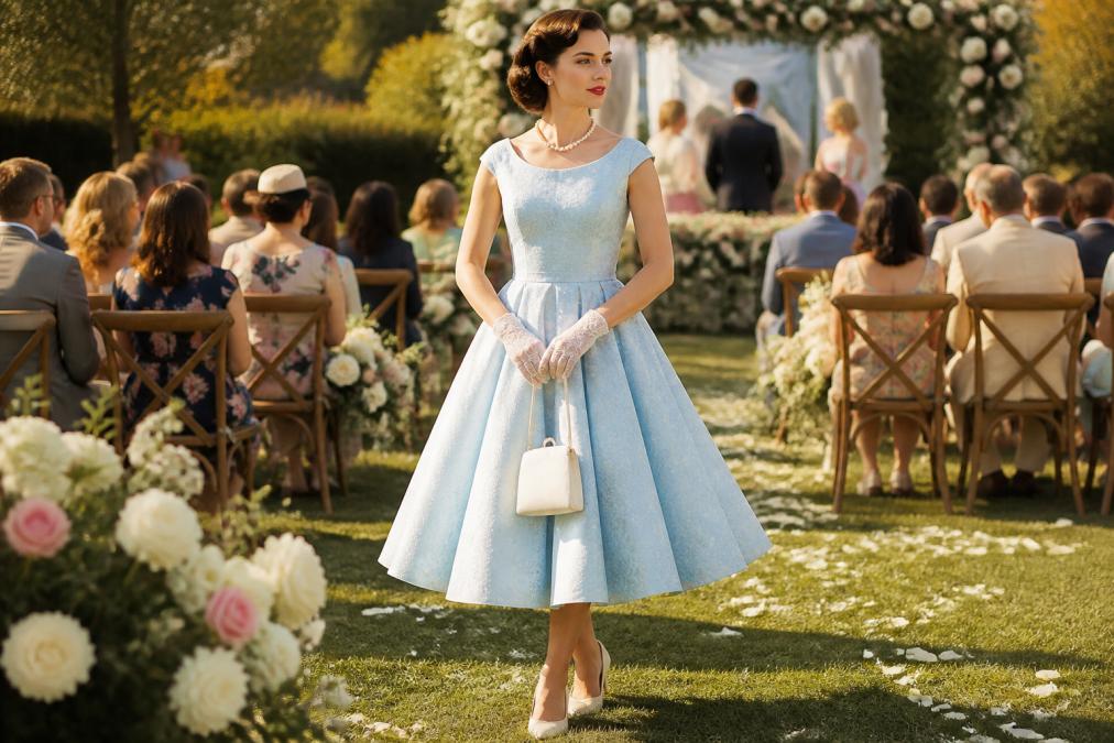 A woman in an elegant 1950s-style full-skirt swing dress with a fitted bodice, pearl jewelry, and closed-toe heels, standing outdoors at a garden wedding ceremony surrounded by soft floral arrangements, looking poised and sophisticated in warm afternoon light