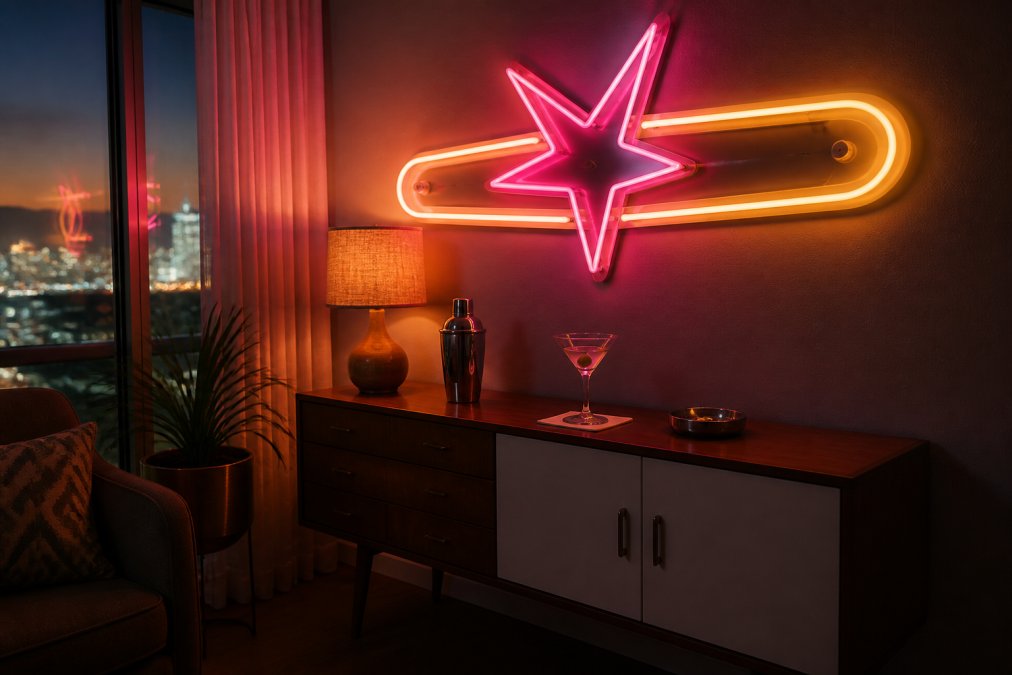 Infographic guide to vintage Las Vegas home decor ideas featuring neon lighting and retro styling tips