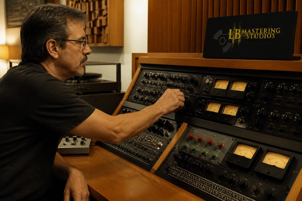 Professional audio engineer adjusting vintage analog mastering equipment including channel strips, compressors, and outboard gear on a wooden console in an acoustically treated mastering room with soft studio lighting