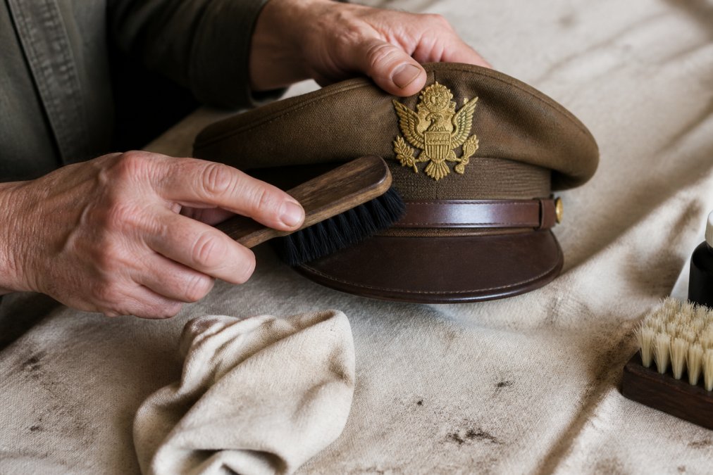Hands gently cleaning a vintage military cap with soft brush and cloth, showing proper care technique on a distressed fabric surface with natural lighting