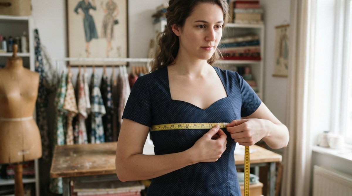 Person using a fabric tape measure to check bust measurement while wearing a fitted vintage-inspired top, showing proper measurement technique with relaxed posture and neutral stance