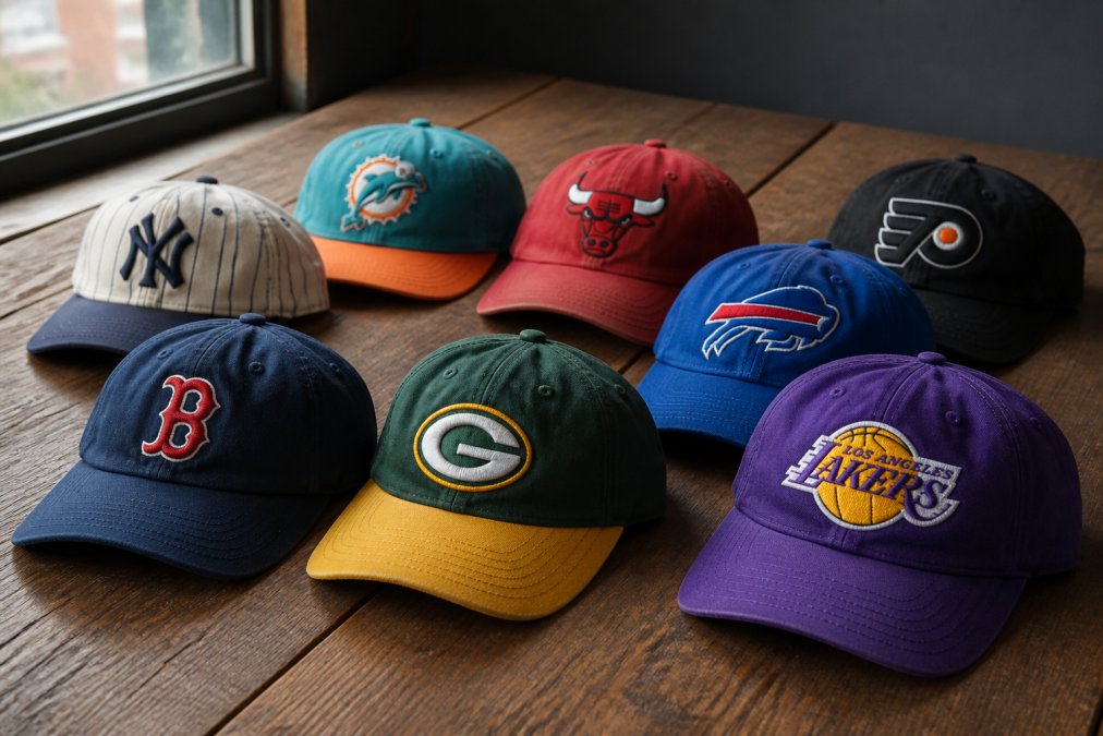 A flat lay of several vintage sports hats from different leagues arranged on a wooden table, with soft natural light from a nearby window, showing embroidered team logos and varied colors