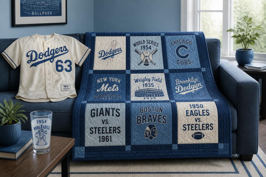 Vintage sports jersey carefully positioned on modern sofa with finished quilt showing team logos and detailed stitching, natural daylight from window