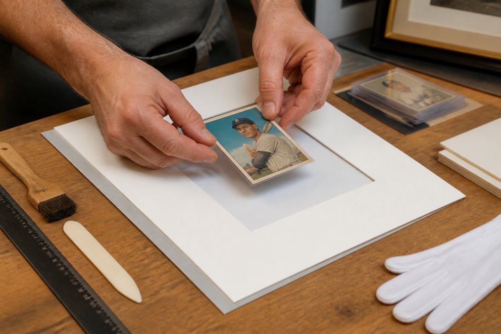 Hands carefully positioning vintage baseball card into archival mat opening with acid-free backing visible, professional lighting in framing workshop